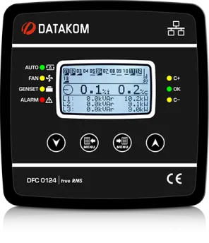 DFC-0124 Контроллер коэффициента мощности (Ч/Б дисп 128x64, 12 ступеней, RS-485, SVC) 144х144 мм