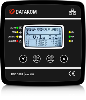 DFC-0124 Контроллер коэффициента мощности (Ч/Б дисп 128x64, 12 ступеней, RS-485, SVC) 144х144 мм